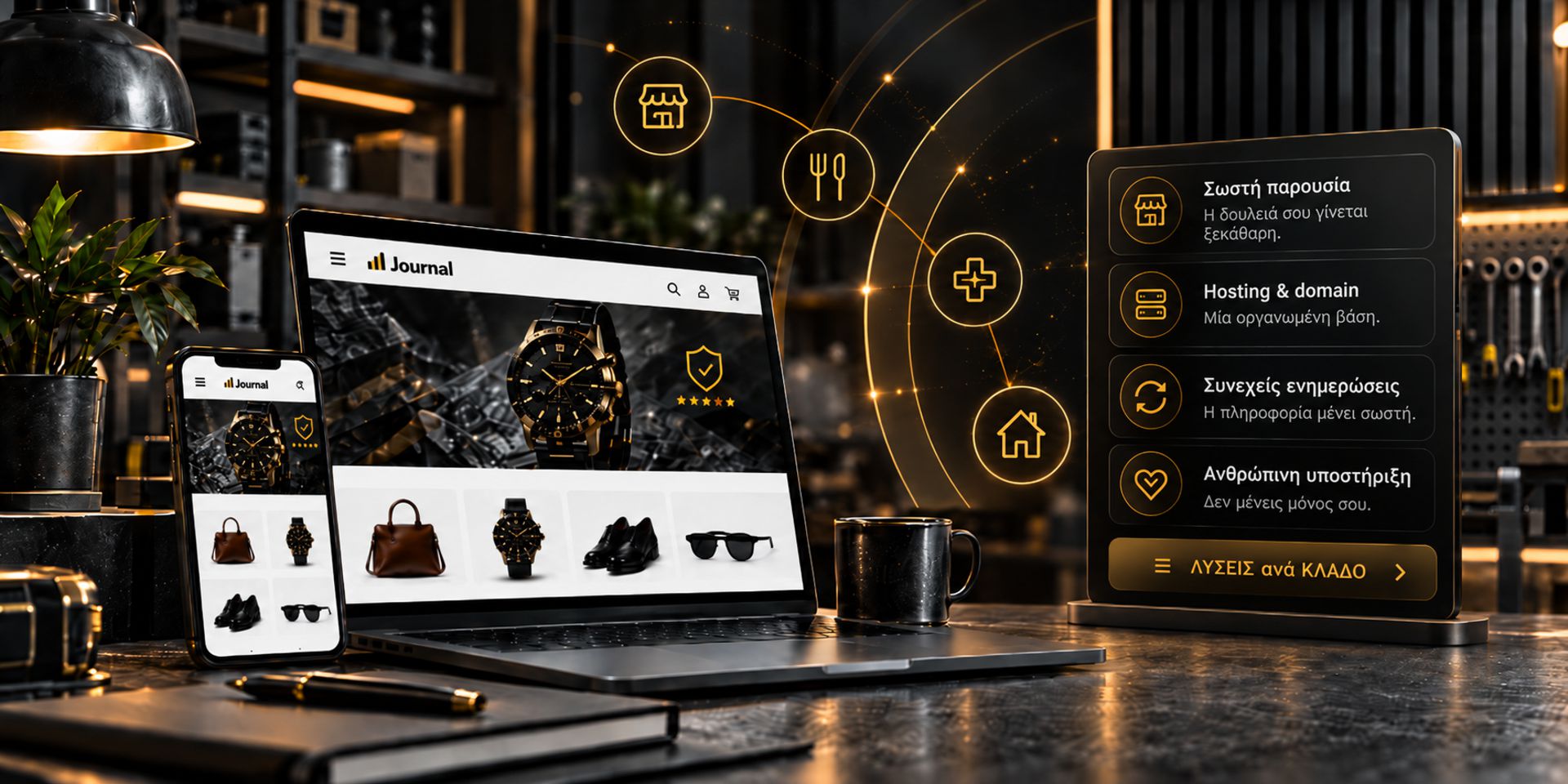 REPROMO ψηφιακές λύσεις ανά κλάδο με e-shop σε laptop και κινητό, hosting, ενημερώσεις και ανθρώπινη υποστήριξη
