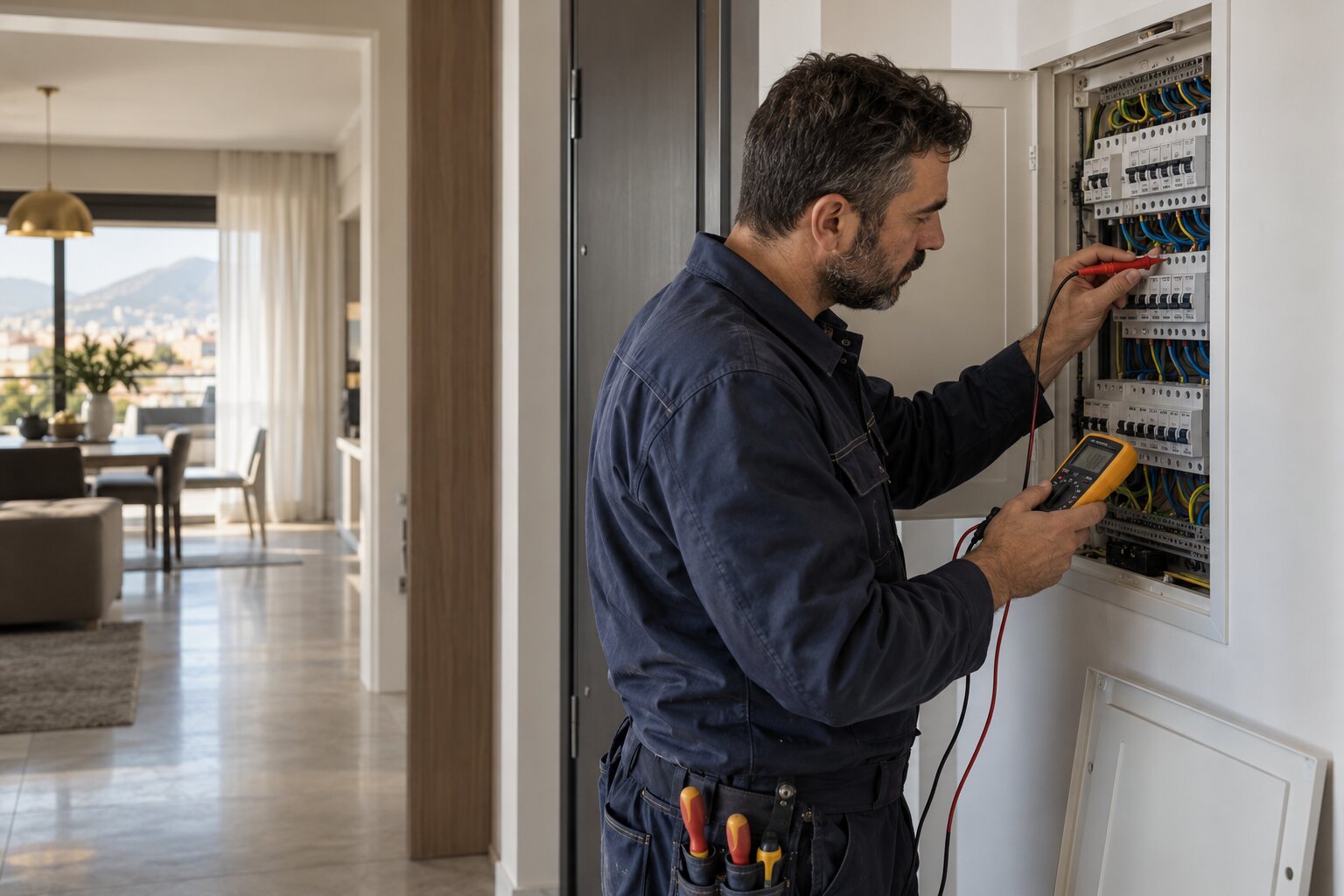 Electrician testing a residential distribution board with a multimeter