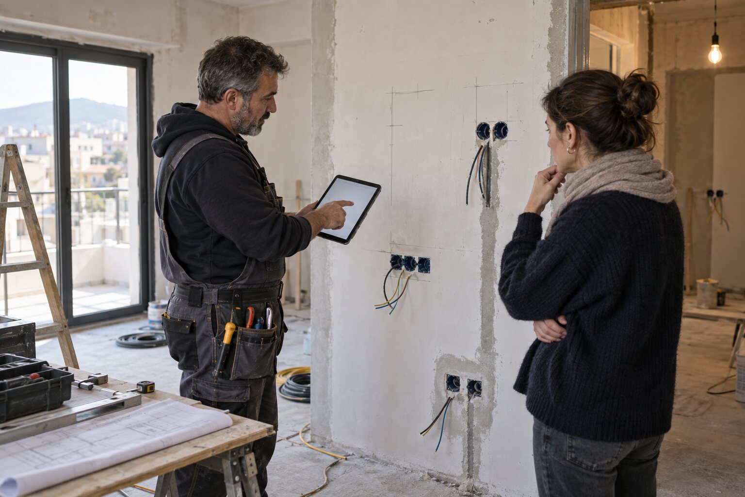 Electrician discussing socket and lighting positions during a renovation