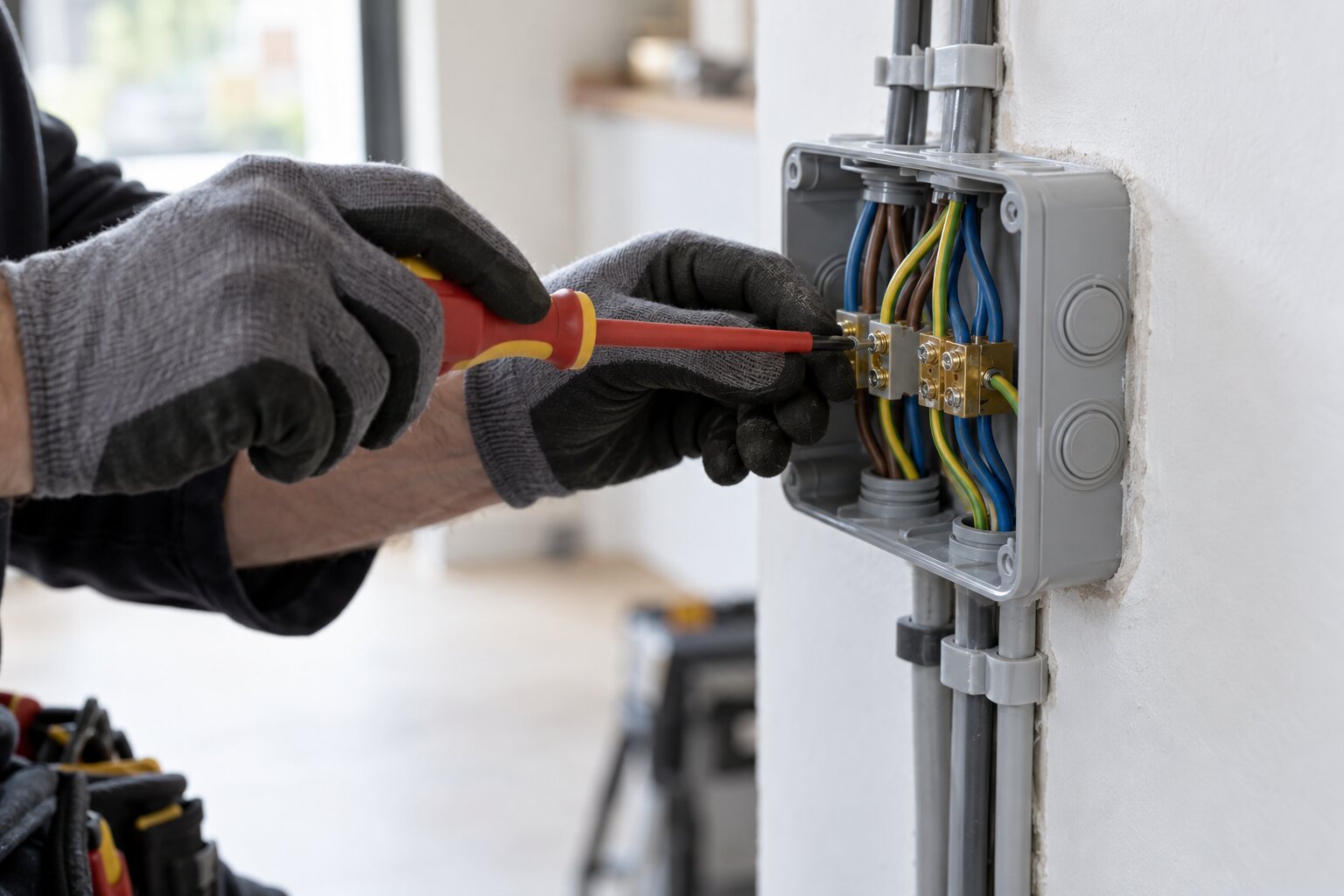 Close view of an electrical connection inside a junction box