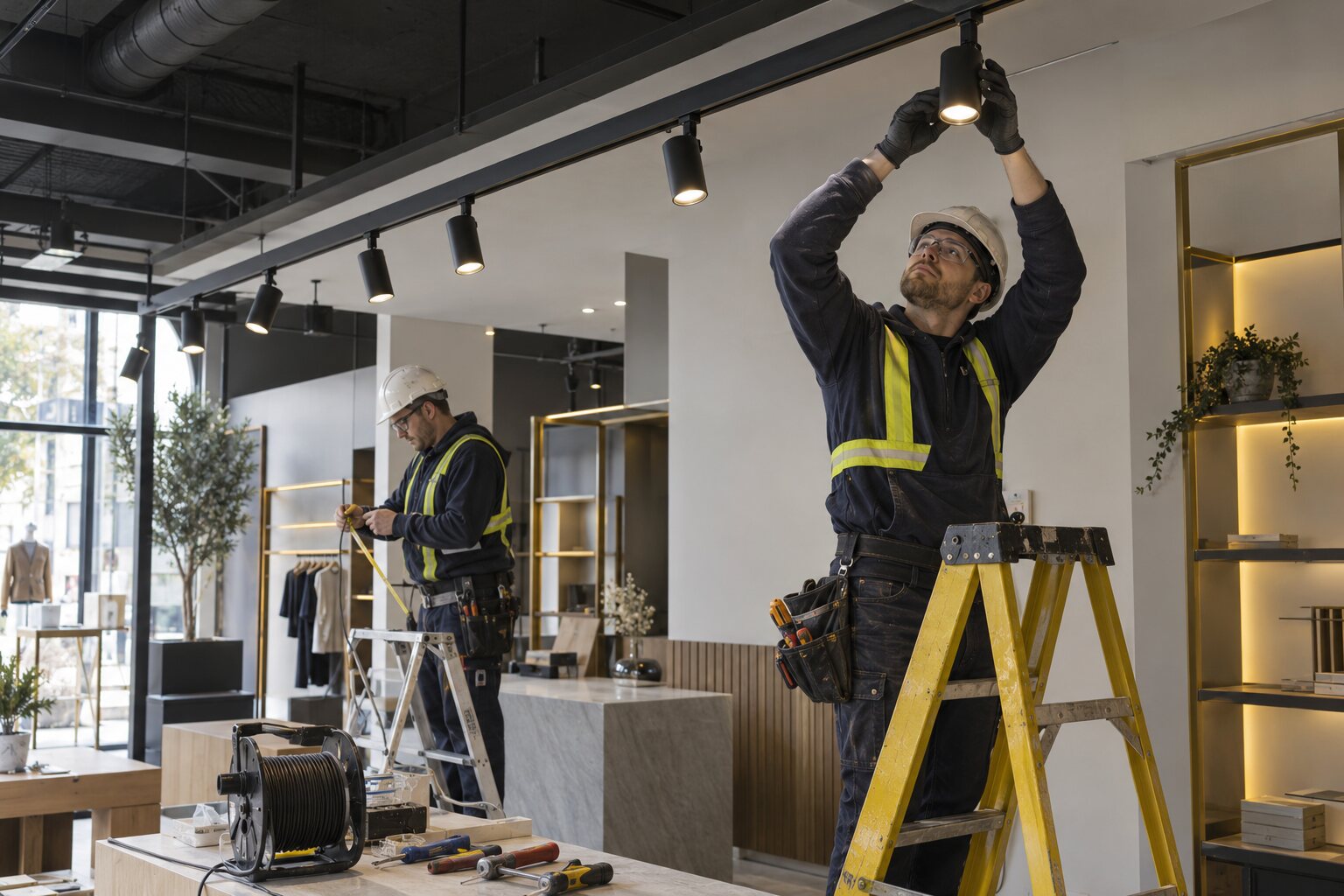 Electricians installing lighting in a commercial interior