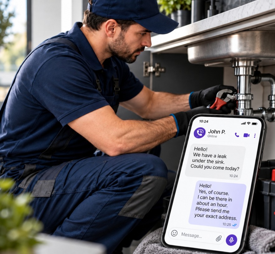 Plumber at work with an integrated Viber conversation