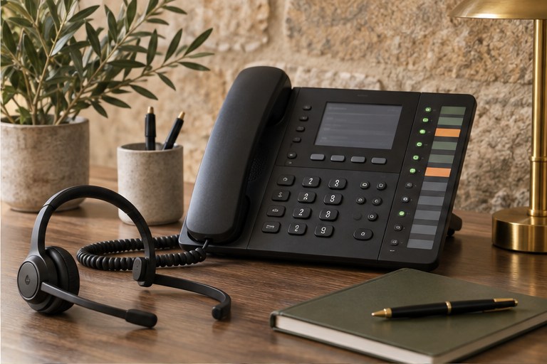 IP desk phone and professional headset